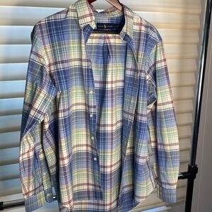 Ralph Lauren plaid men long sleeves 100% cotton blue green classic fit shirt L